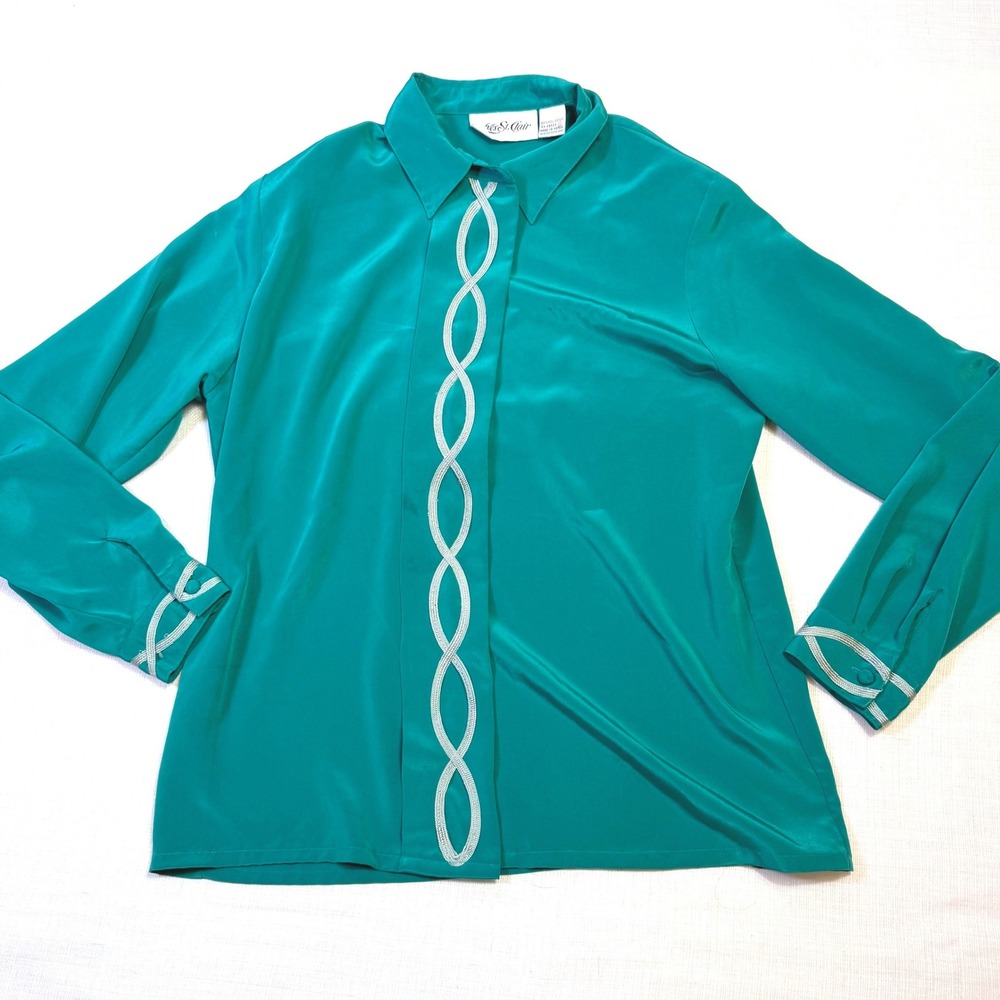 Vintage‎ Yves St Clair Teal Green Beaded Trim Button Up Shirt Blouse Top Size 12